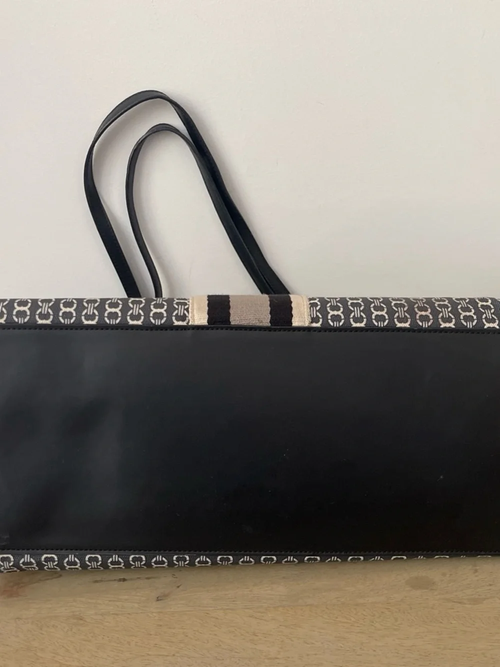 Tory Burch Black and Cream Logo Stripe Tote
